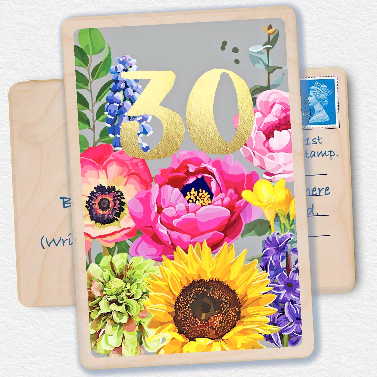 30th Birthday Card, Floral design by Sarah Kelleher, printed on sustainable wood by The Wooden Postcard Company