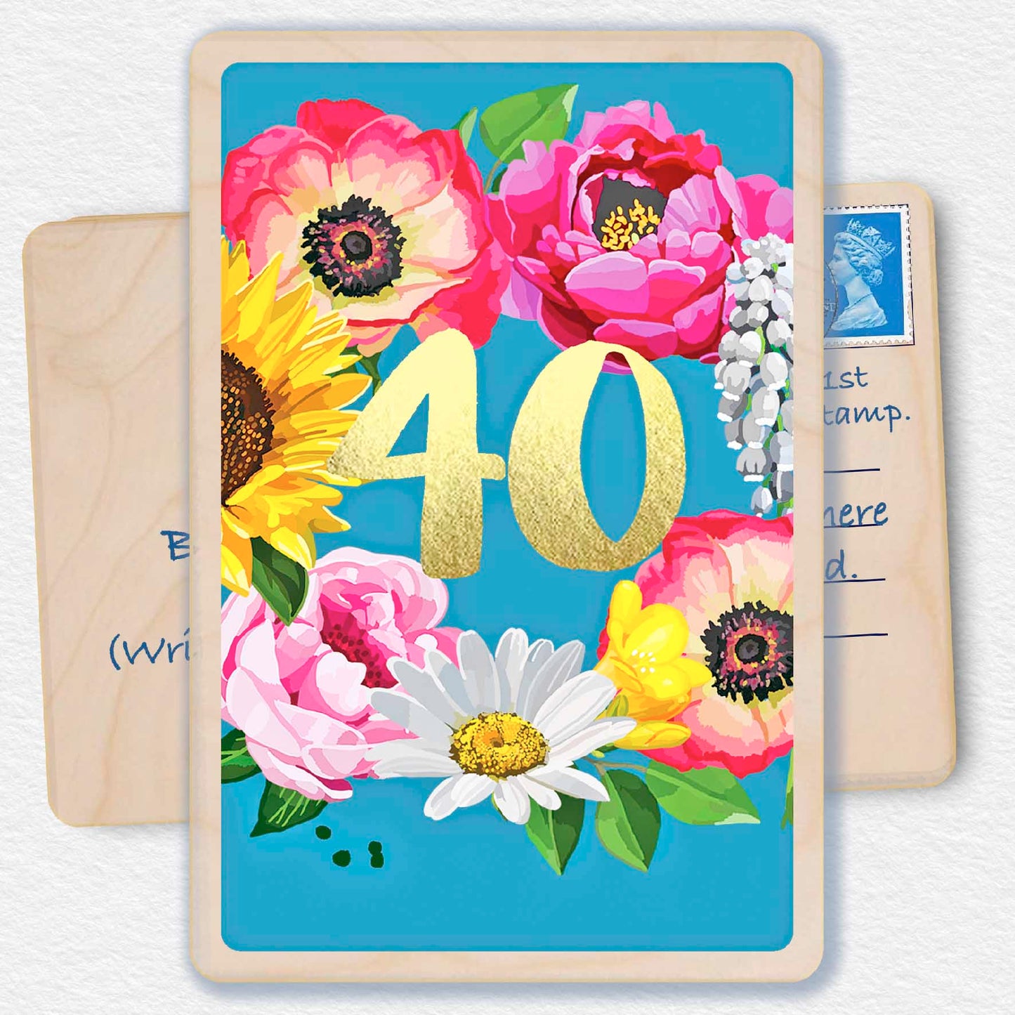 40th Birthday Card, Floral design by Sarah Kelleher, printed on sustainable wood by The Wooden Postcard Company