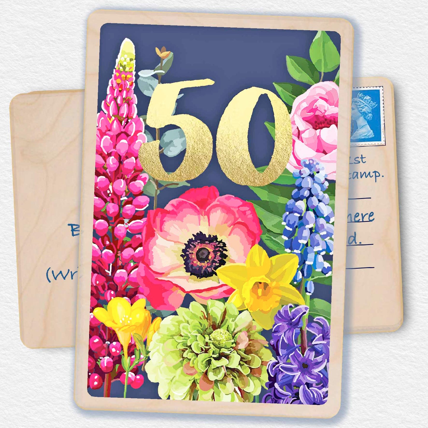 50th Birthday Card, Floral design by Sarah Kelleher, printed on sustainable wood by The Wooden Postcard Company