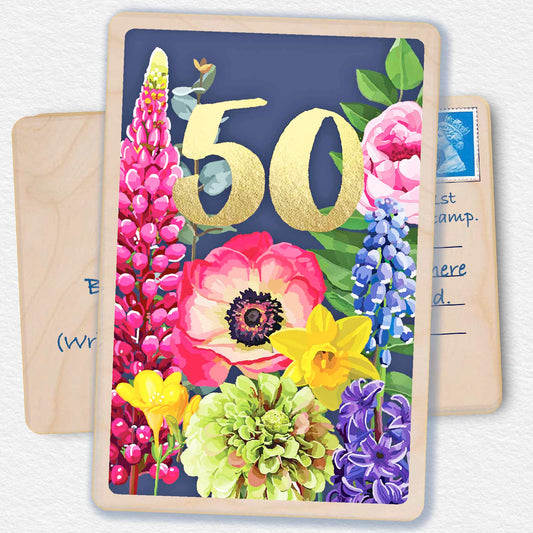 50th Birthday Card, Floral design by Sarah Kelleher, printed on sustainable wood by The Wooden Postcard Company