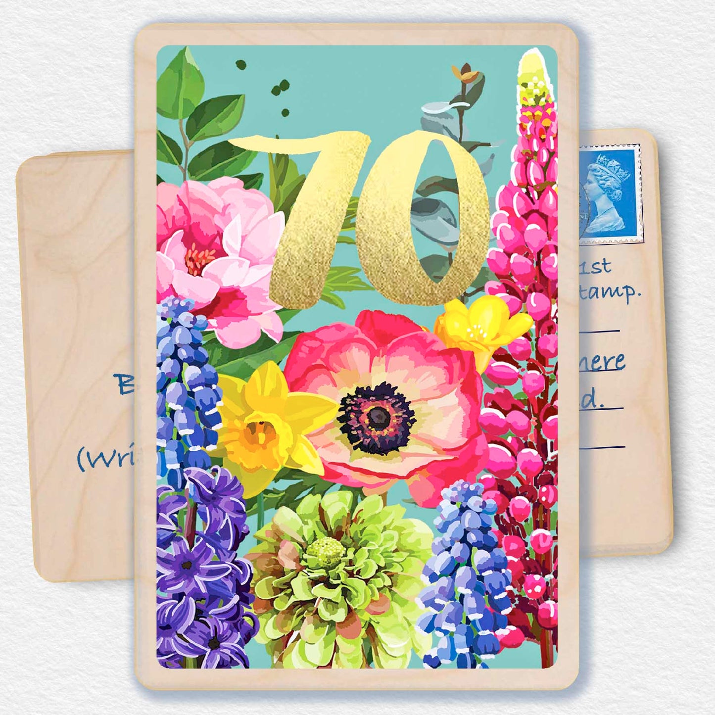 70th Birthday Card, Floral design by Sarah Kelleher, printed on sustainable wood by The Wooden Postcard Company