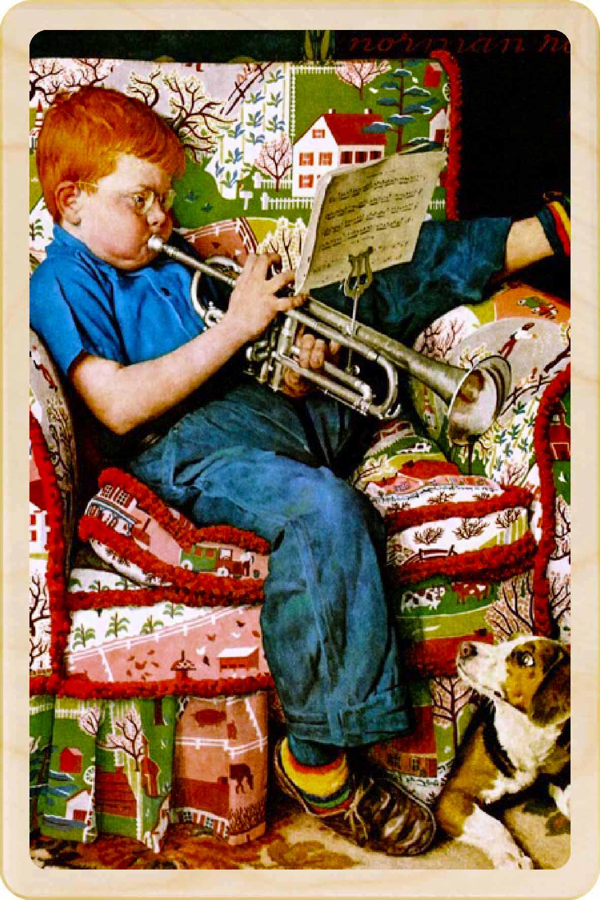 Trumpet Practice - Christmas Card – Wooden Postcard
Original illustration Norman Rockwell ©Saturday Evening Post, printed on sustainable wood. A beautifully detailed postcard you can send, display, or tuck into a stocking.