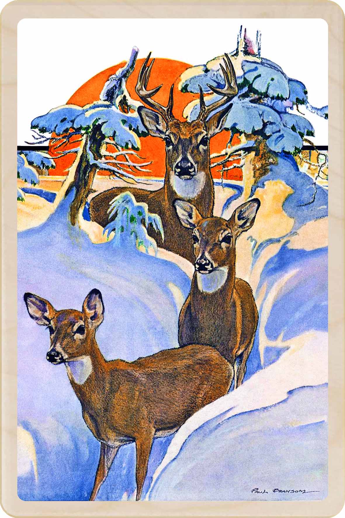 Illustration of deer in a snowy landscape with a sunset sky. Snow Drifts - Christmas Card – Wooden Postcard
Original Winter illustration ©Saturday Evening Post, printed on sustainable wood. A beautifully detailed postcard you can send, display, or tuck into a stocking.