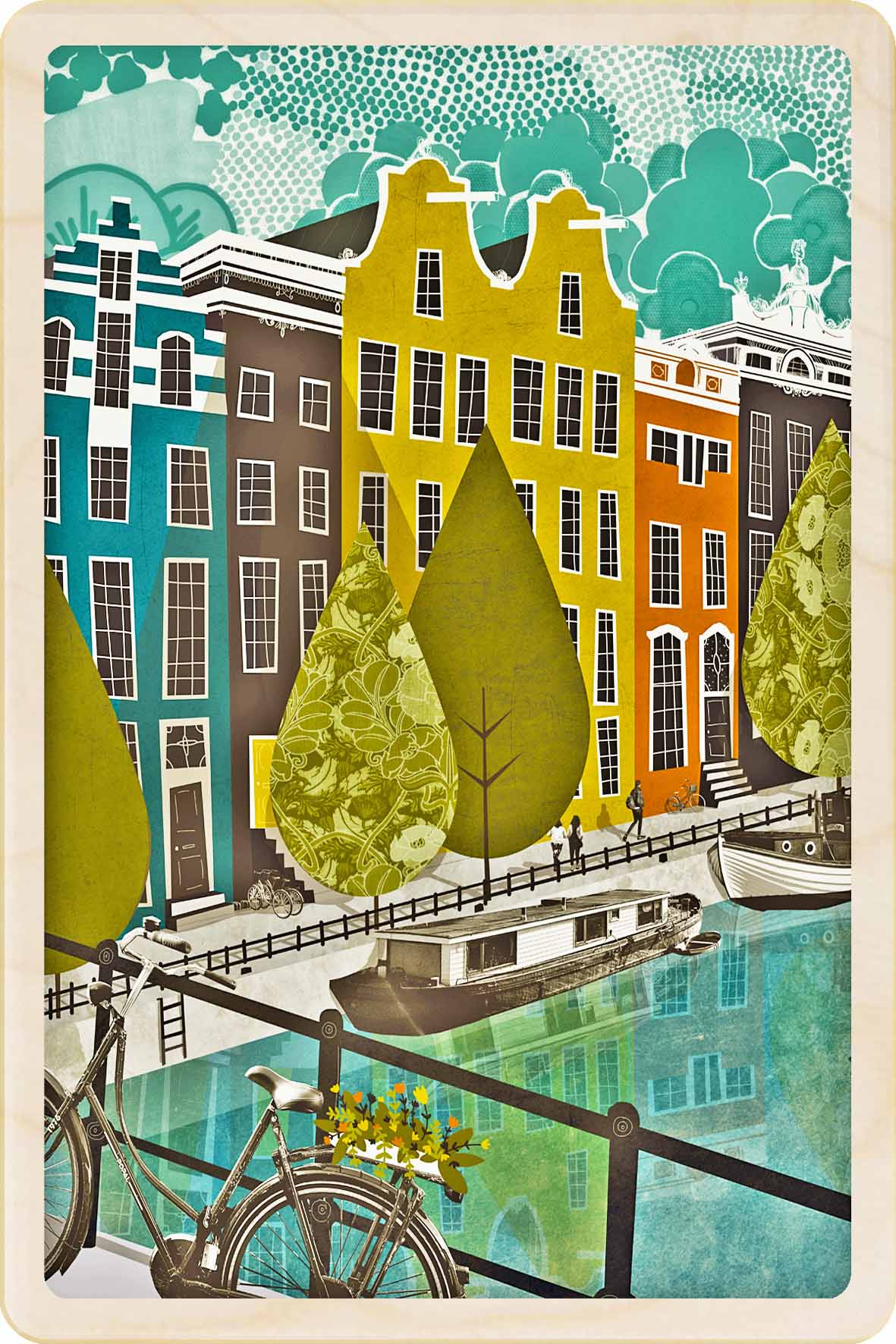 Amsterdam - Wooden Postcard, illustration by Emy Lou Holmes, printed in Suffolk on sustainably sourced wood. Eco-friendly card you can send, gift, or display.