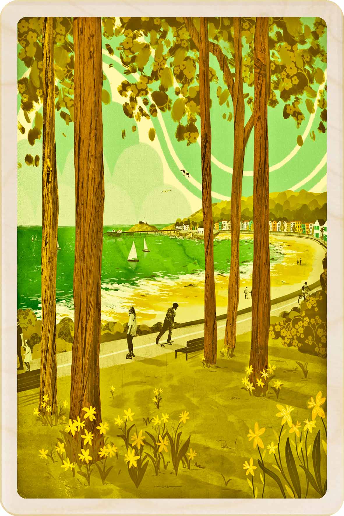 Mumbles, Wales Wooden Postcard, illustration by Emy Lou Holmes, printed in Suffolk on sustainably sourced wood.Eco-friendly card you can send, gift, or display.
