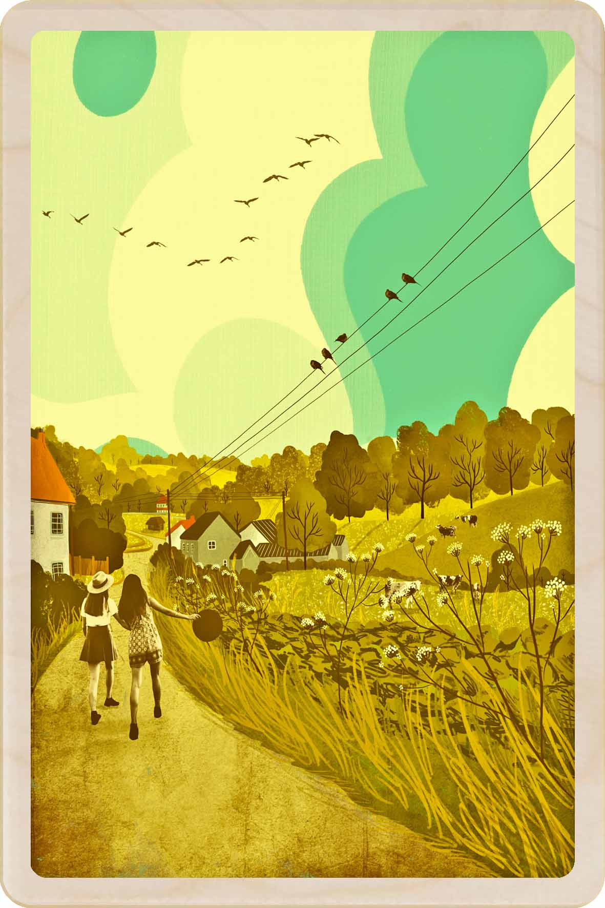 Priddy Mendips, Somerset Wooden Postcard, illustration by Emy Lou Holmes, printed in Suffolk on sustainably sourced wood. A lasting eco-friendly card you can send, gift, or display.