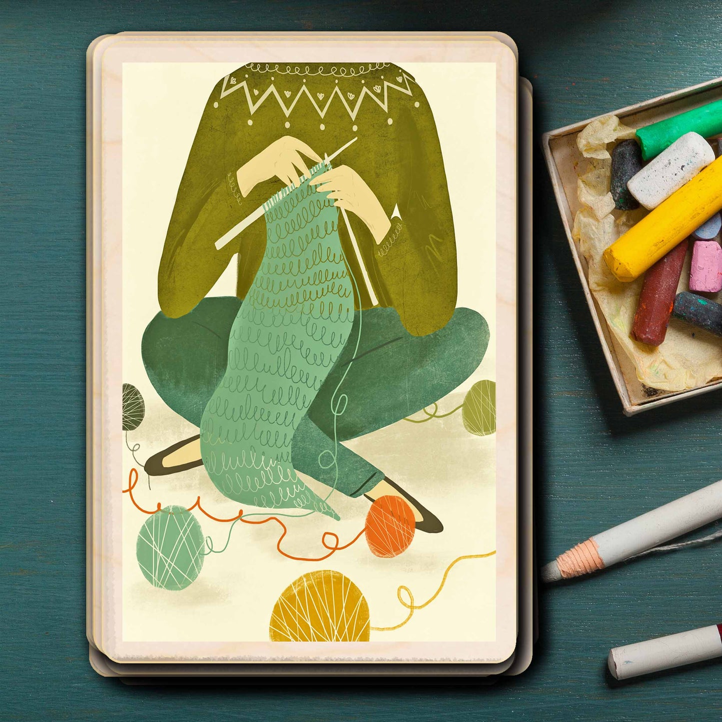 Knitting - Sustainable Card - Wooden postcard
Illustration by Emy Lou Holmes, printed in Suffolk on sustainably sourced wood. Eco-friendly card to send, gift and display.