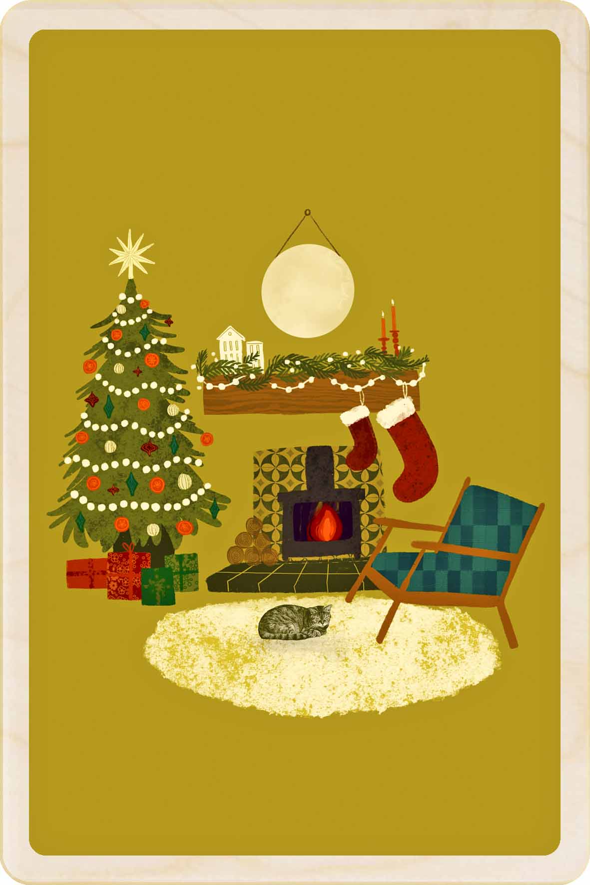 Illustration of a cozy living room with a Christmas tree, fireplace, and stockings. Christmas Fireplace - Christmas Card – Wooden Postcard
Original Christmas illustration ©Emy Lou Holmes, printed on sustainable wood. A beautiful card to send, display, or tuck into a stocking.