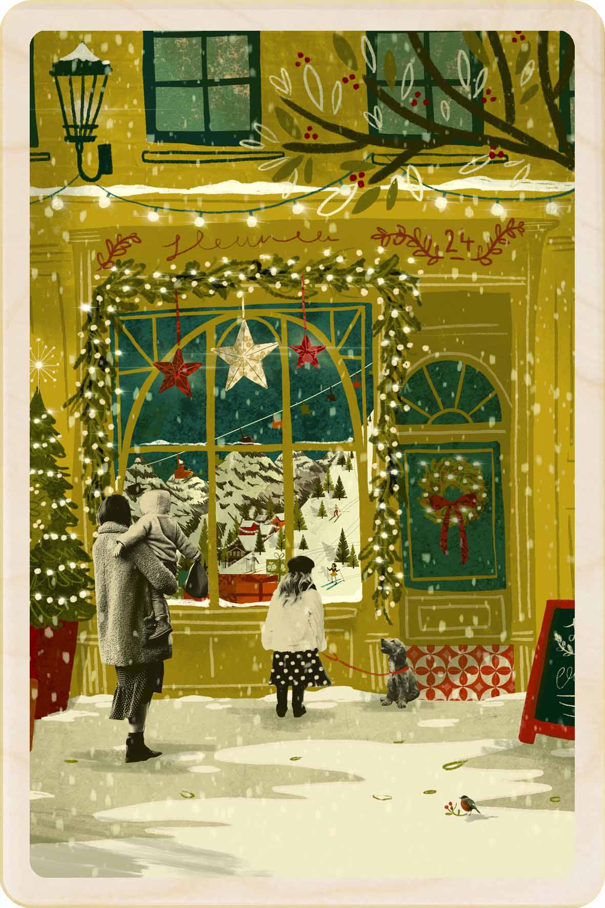 Christmas card with people looking at a decorated store window. Christmas Day Walk - Christmas Card – Wooden Postcard
Original Christmas illustration ©Emy Lou Holmes, printed on sustainable wood. A beautiful card to send, display, or tuck into a stocking.
