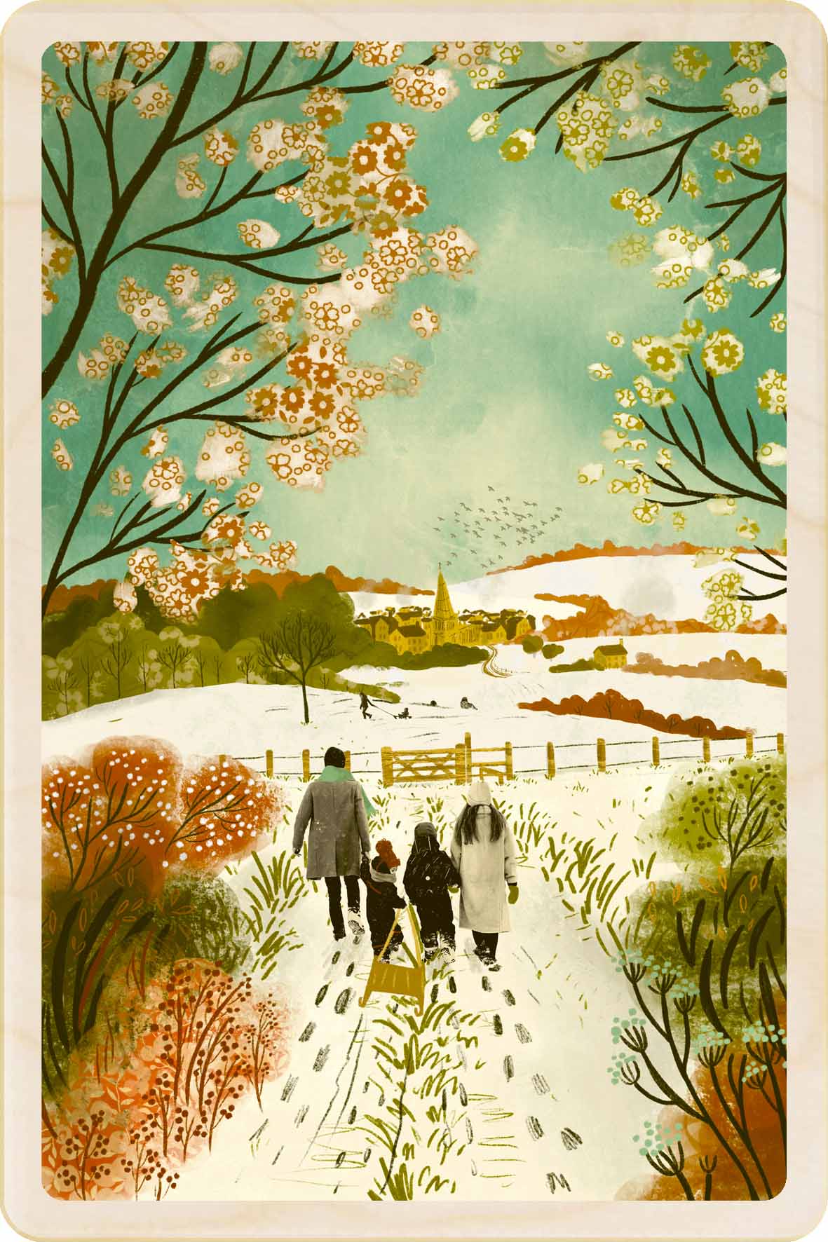 Winter scene with people walking on a path, surrounded by trees and a snowy landscape. Christmas Day Walk - Christmas Card – Wooden Postcard
Original Christmas illustration ©Emy Lou Holmes, printed on sustainable wood. A beautiful card to send, display, or tuck into a stocking.