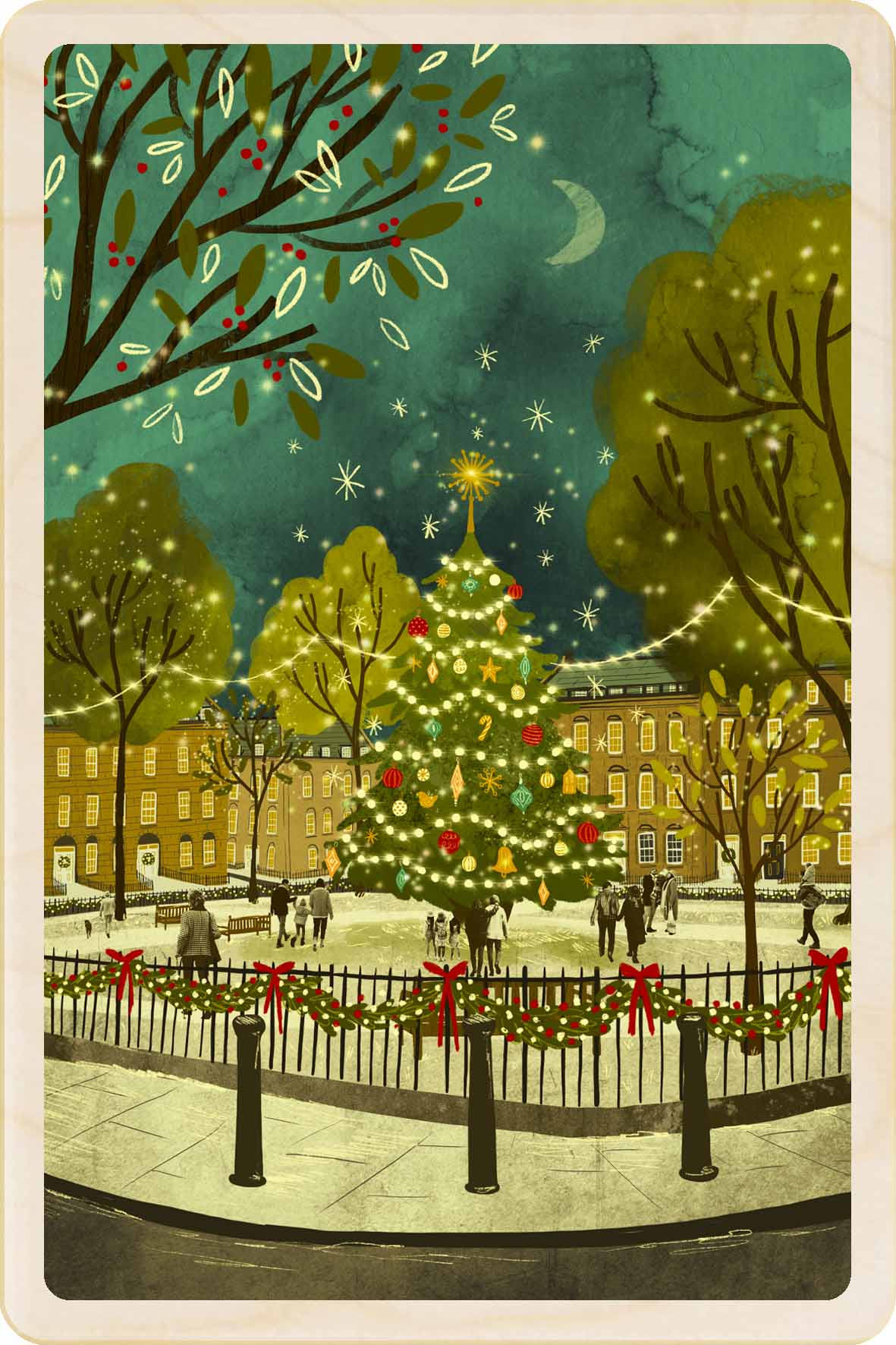 Christmas card with a decorated tree in a snowy town square. Christmas Tree - Christmas Card – Wooden Postcard
Original Christmas illustration ©Emy Lou Holmes, printed on sustainable wood. A beautiful card to send, display, or tuck into a stocking.