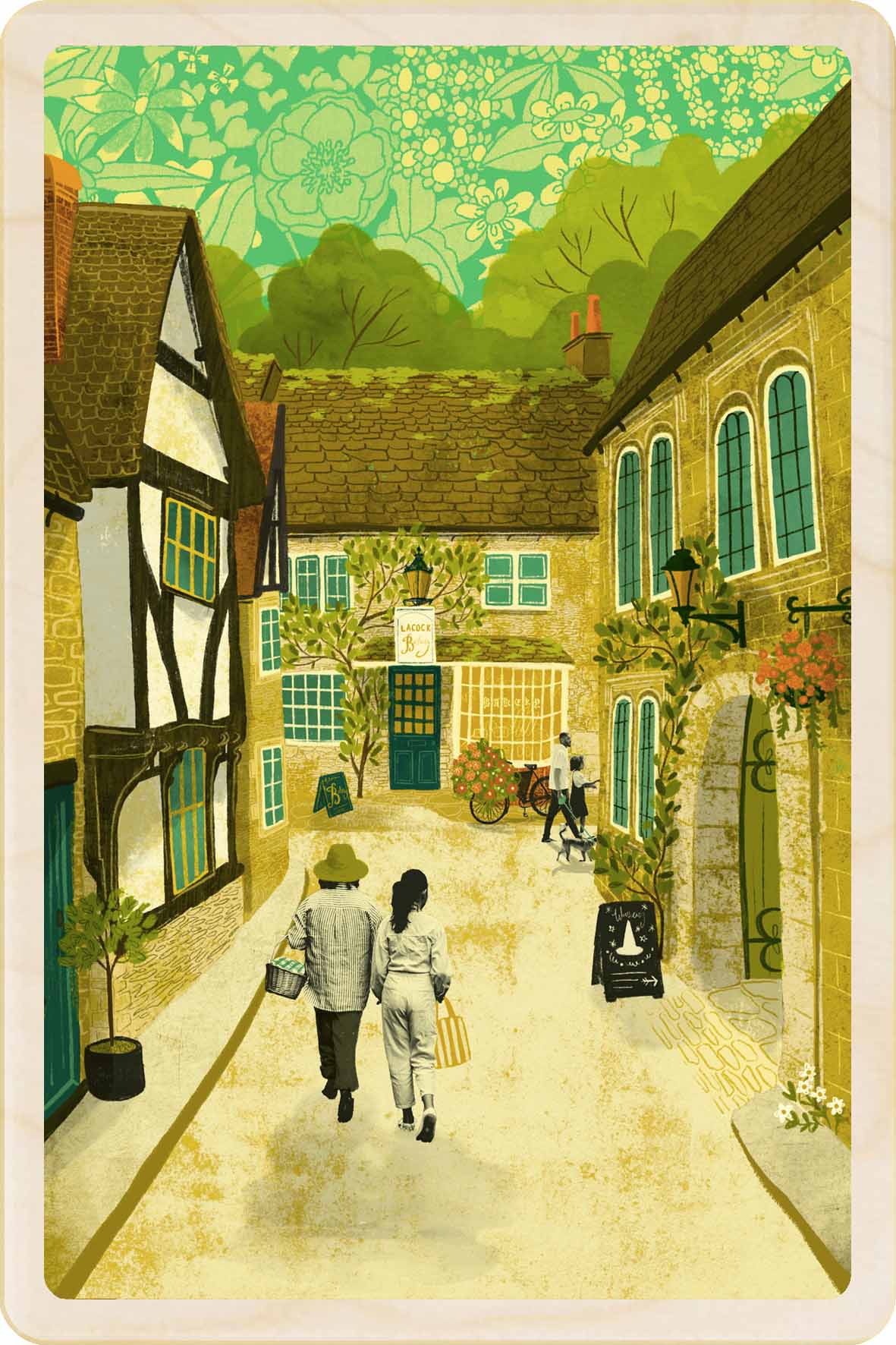 Lalock, Wiltshire Wooden Postcard, illustration by Emy Lou Holmes, printed in Suffolk on sustainably sourced wood. Eco-friendly card you can send, gift, or display.