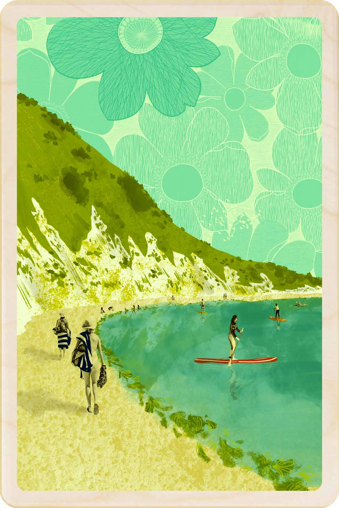 Lulworth Cove, Dorset Wooden Postcard, illustration by Emy Lou Holmes, printed in Suffolk on sustainably sourced wood. Eco-friendly card you can send, gift, or display.