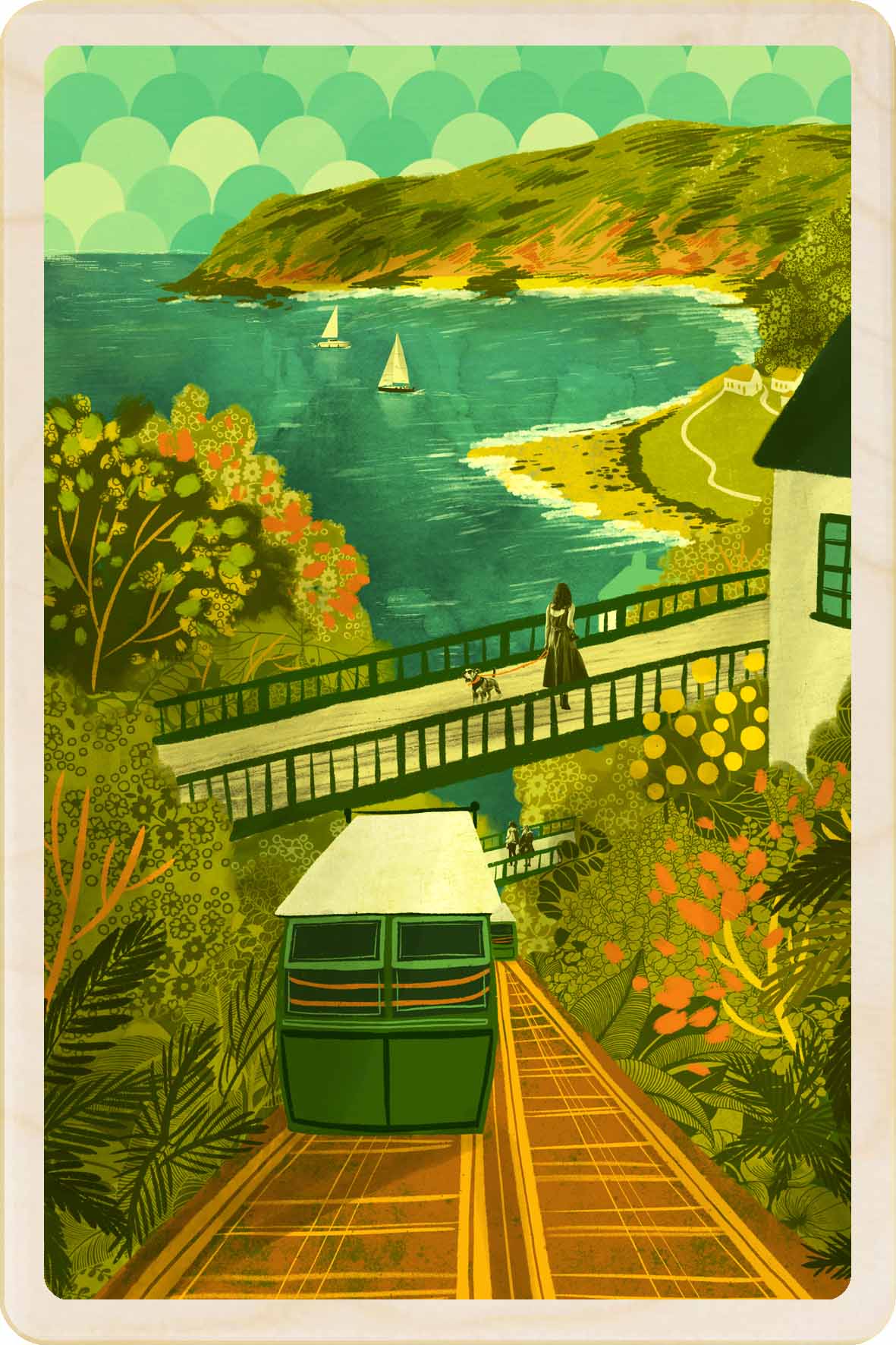Lynmouth, Devon Wooden Postcard, illustration by Emy Lou Holmes, printed in Suffolk on sustainably sourced wood. Eco-friendly card you can send, gift, or display.