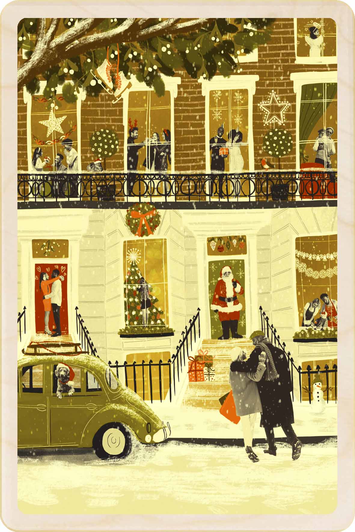 Christmas Town House - Christmas Card – Wooden Postcard
Original Christmas illustration ©Emy Lou Holmes, printed on sustainable wood. A beautiful card to send, display, or tuck into a stocking.Christmas card with a snowy street scene, people on balconies, and a couple embracing.