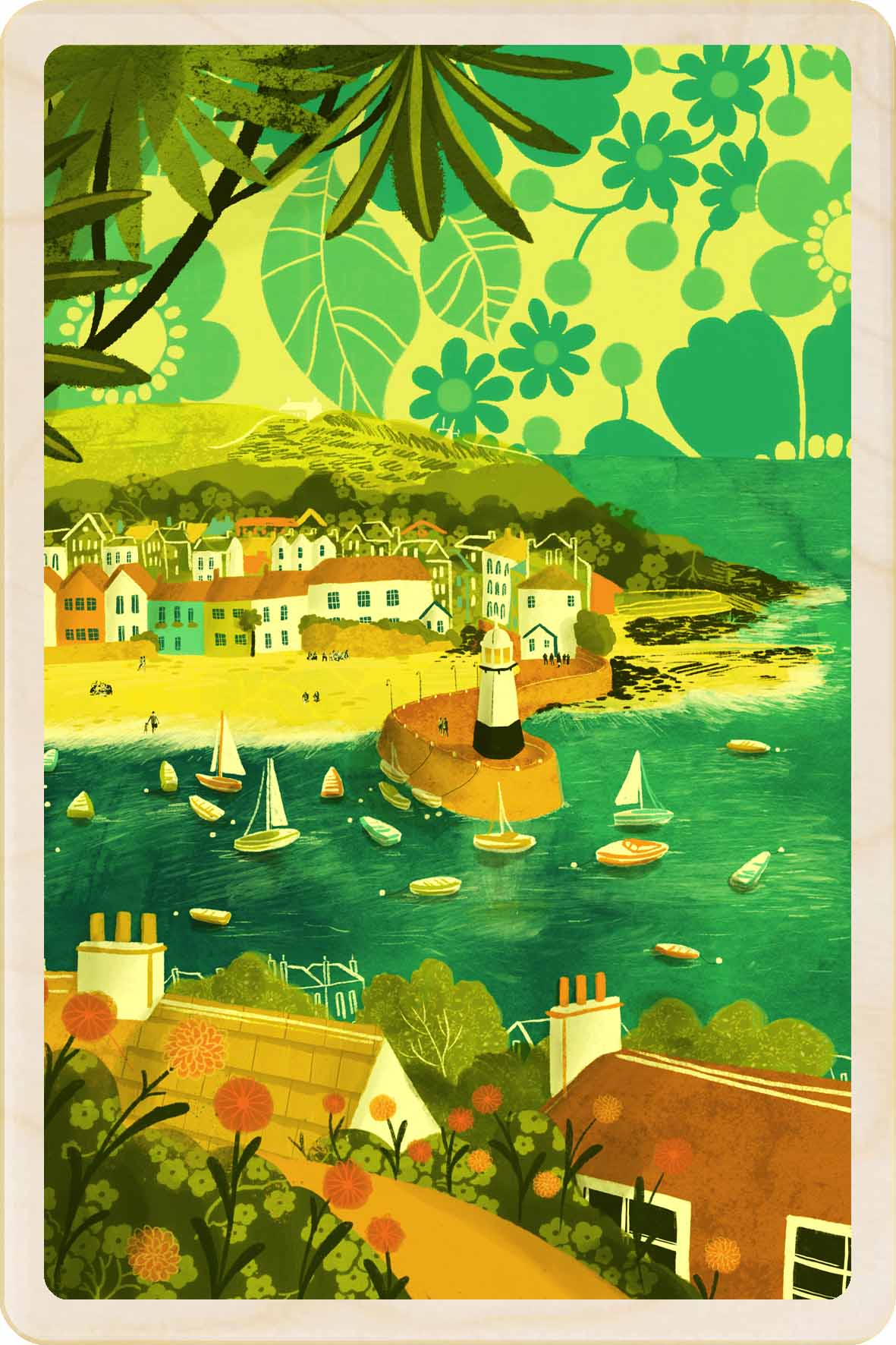 St Ives, Cornwall Wooden Postcard, illustration by Emy Lou Holmes, printed in Suffolk on sustainably sourced wood. Eco-friendly card you can send, gift, or display.