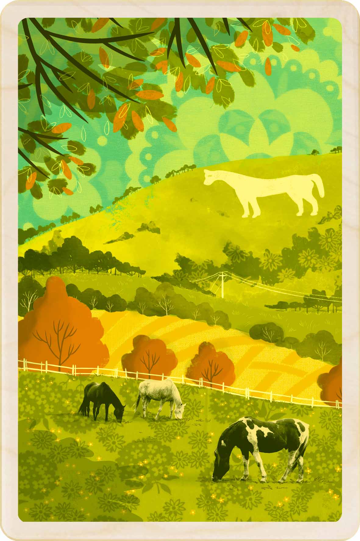Westbury, Wiltshire Wooden Postcard, illustration by Emy Lou Holmes, printed in Suffolk on sustainably sourced wood. Eco-friendly card you can send, gift, or display.