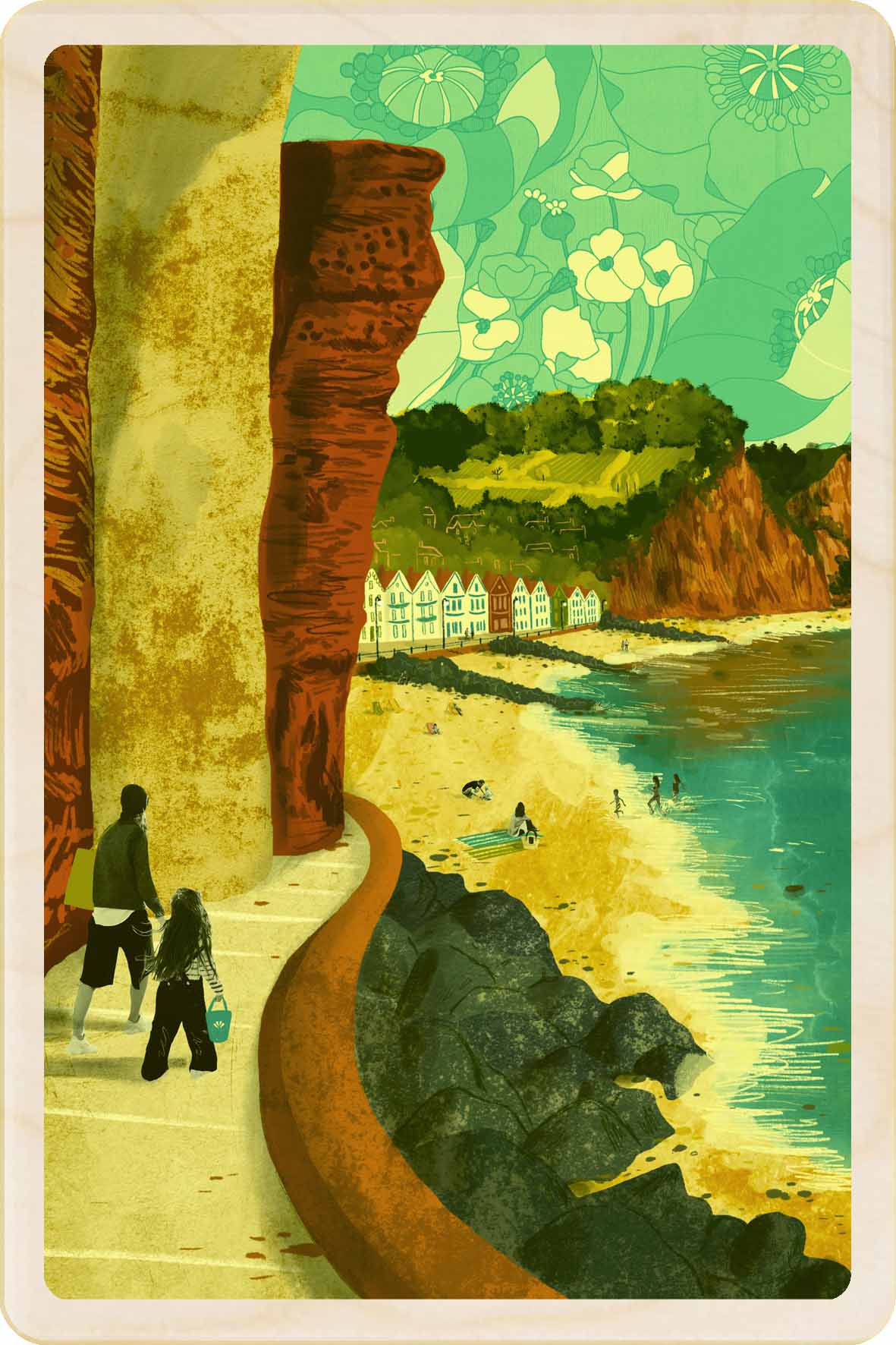 Sidmouth, Devon Wooden Postcard, illustration by Emy Lou Holmes, printed in Suffolk on sustainably sourced wood. Eco-friendly card you can send, gift, or display.
