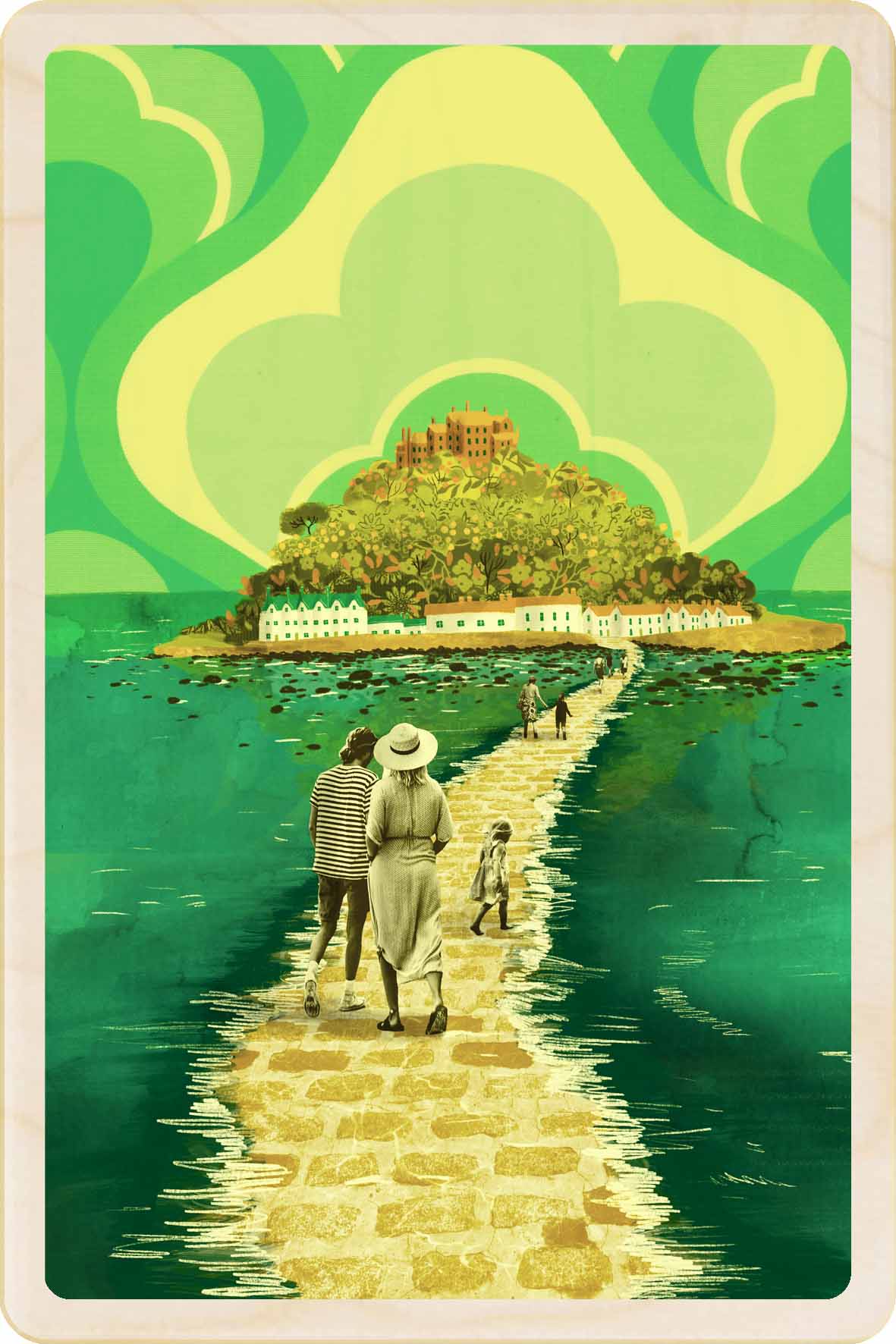 Mount St Michael, Cornwall Wooden Postcard, illustration by Emy Lou Holmes, printed in Suffolk on sustainably sourced wood. Eco-friendly card you can send, gift, or display.