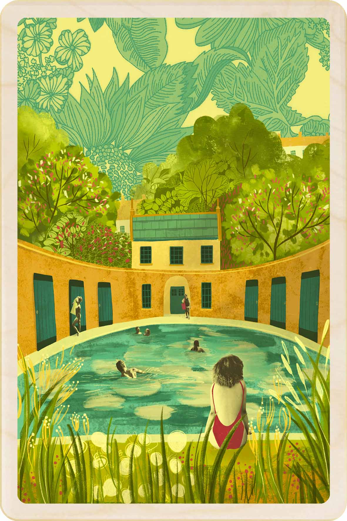 Cleveland Pool, Bath, Somerset Wooden Postcard, illustration by Emy Lou Holmes, printed in Suffolk on sustainably sourced wood. Eco-friendly card you can send, gift, or display.