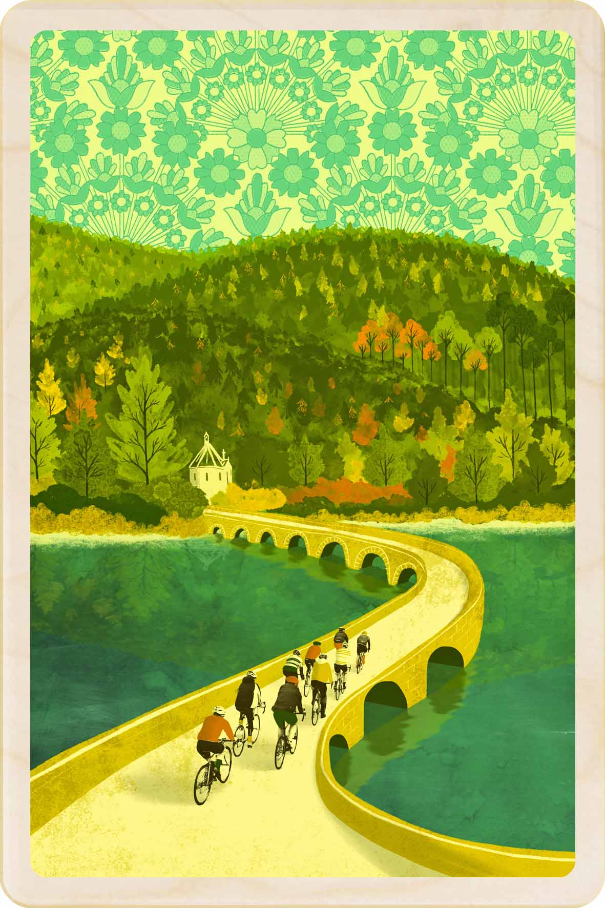 Elan Valley, Wales Wooden Postcard, illustration by Emy Lou Holmes, printed in Suffolk on sustainably sourced wood. Eco-friendly card you can send, gift, or display.
