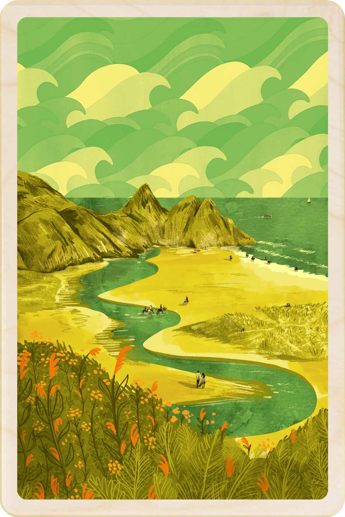 Three Cliffs, Wales Wooden Postcard, illustration by Emy Lou Holmes, printed in Suffolk on sustainably sourced wood. Eco-friendly card you can send, gift, or display.