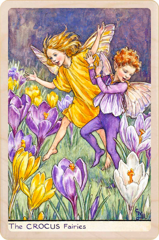 Crocus Fairy by Cicely Mary Barker. Printed with vibrant colour and fine detail. Made to send, keep, or collect. Handmade in the UK since 2012.