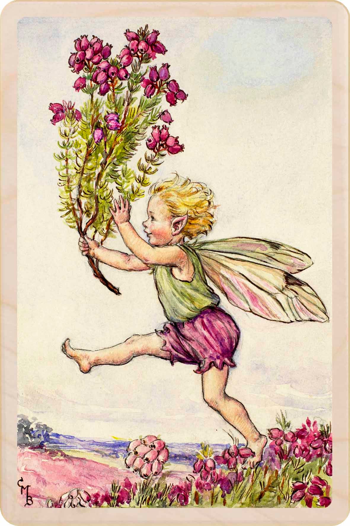 Heather Fairy by Cicely Mary Barker. Printed with vibrant colour and fine detail. Made to send, keep, or collect. Handmade in the UK since 2012.