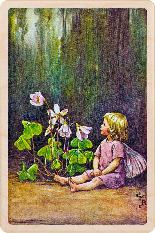 Wood Sorrel Fairy by Cicely Mary Barker. Printed with vibrant colour and fine detail. Made to send, keep, or collect. Handmade in the UK since 2012.