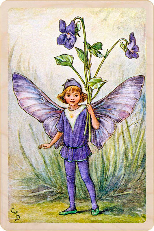 Violet Fairy by Cicely Mary Barker. Printed with vibrant colour and fine detail. Made to send, keep, or collect. Handmade in the UK since 2012.