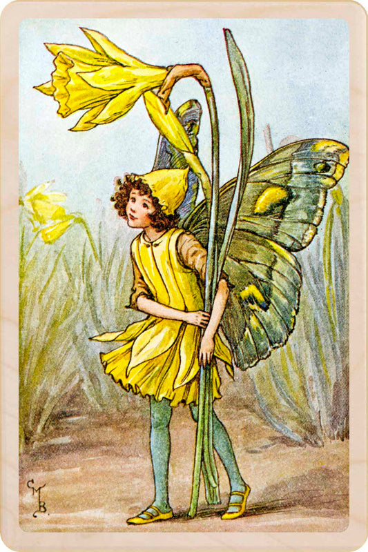 Daffodil Fairy by Cicely Mary Barker. Printed with vibrant colour and fine detail. Made to send, keep, or collect. Handmade in the UK since 2012.
