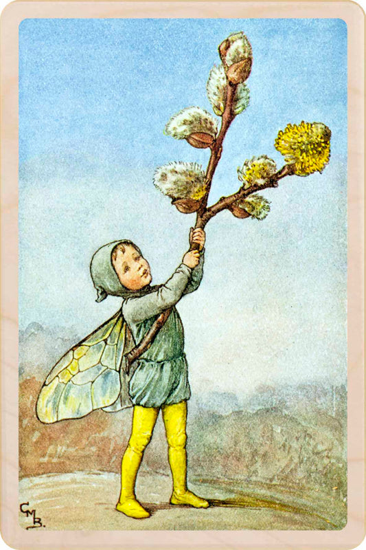 Willow Catkin Fairy by Cicely Mary Barker. Printed with vibrant colour and fine detail. Made to send, keep, or collect. Handmade in the UK since 2012.