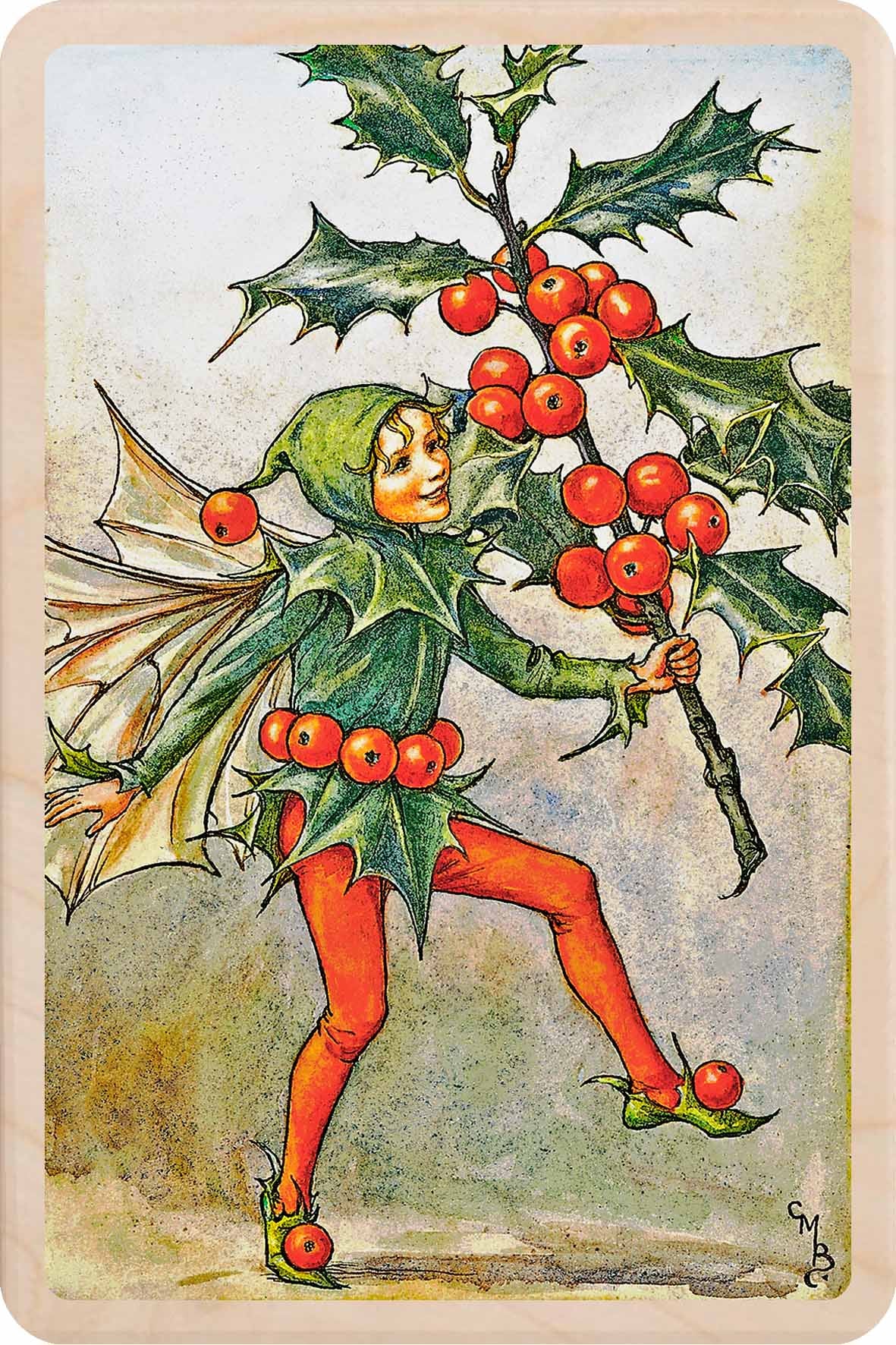 Holly Fairy by Cicely Mary Barker. Printed in vibrant colour and fine detail. Made to send, keep, or collect. Handmade in the UK since 2012.