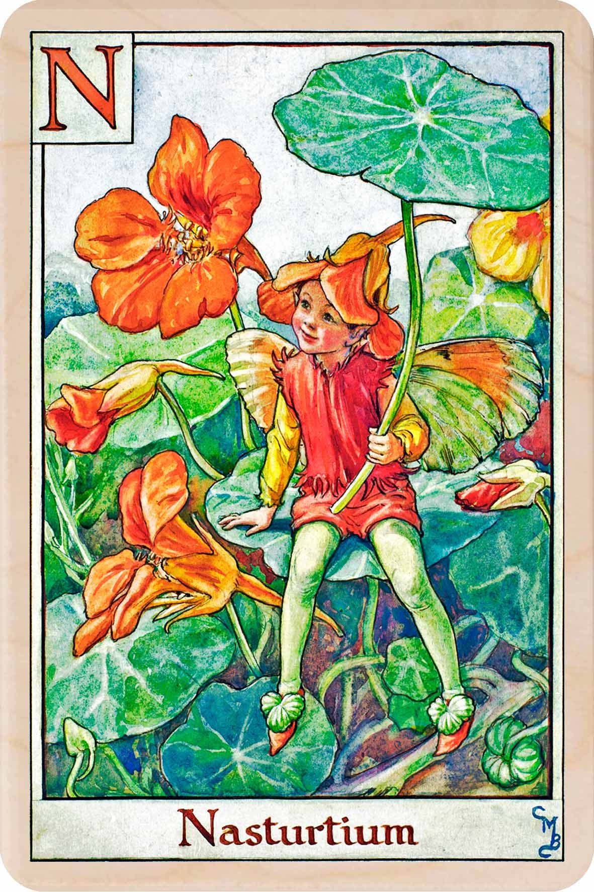 Nasturtium Fairy from the Alphabet Flower Fairies™ by Cicely Mary Barker. Printed in Suffolk with fine detail and vibrant colour. Handmade in the UK since 2012.