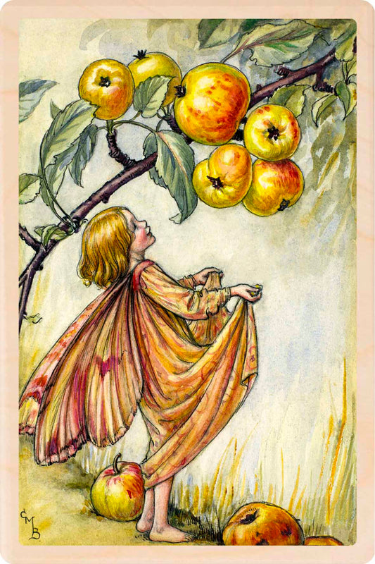 The Apple Fairy - Sustainable Card - Wooden Postcard 
Original Flower Fairies™ illustration by Cicely Mary Barker, printed in Suffolk on sustainable wood. Made to send, keep, or display—an eco-friendly keepsake for fairy fans, garden lovers, and collectors.