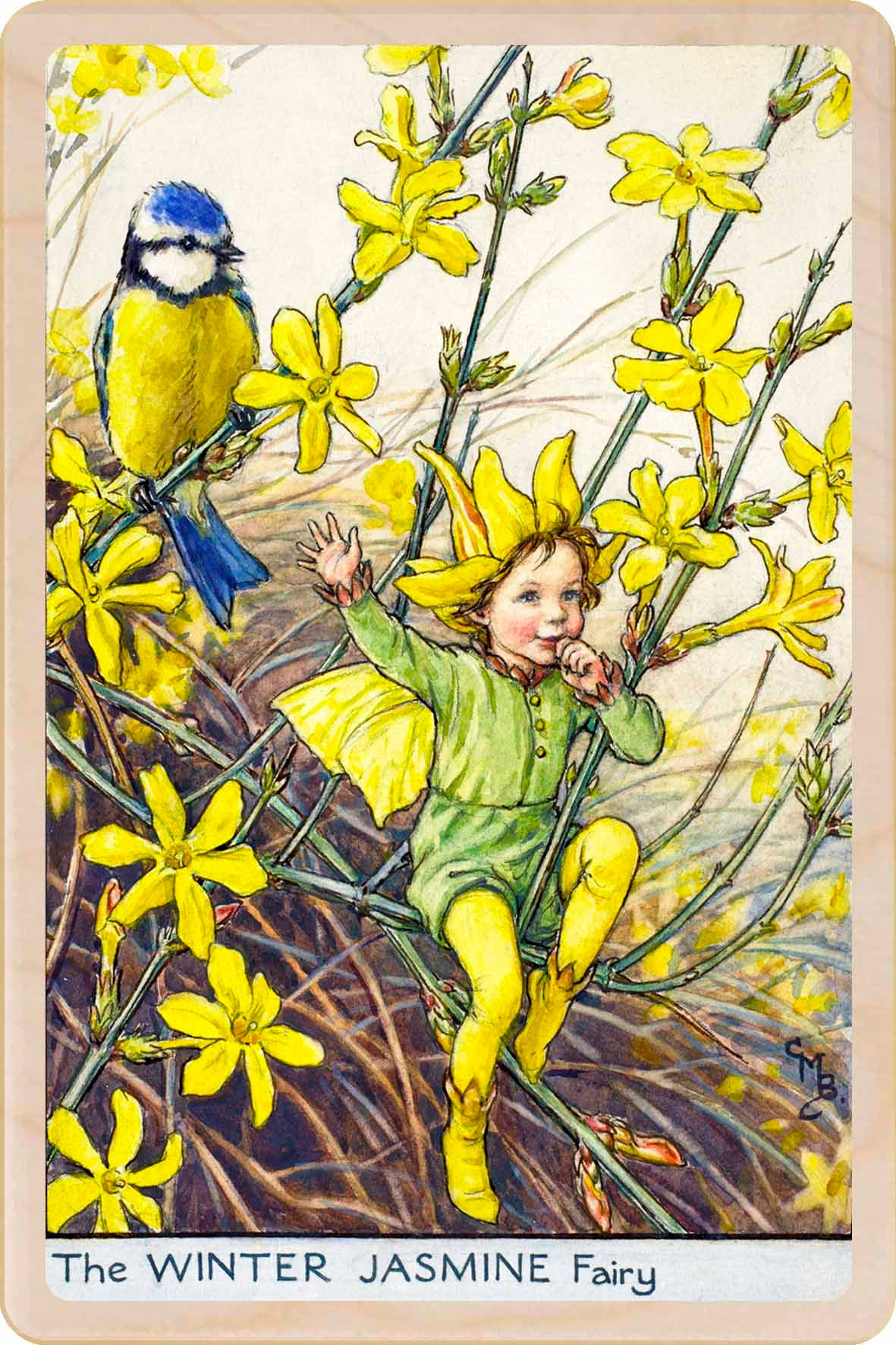 Winter Jasmine Fairy by Cicely Mary Barker. Printed with vibrant colour and fine detail. Made to send, keep, or collect. Handmade in the UK since 2012.