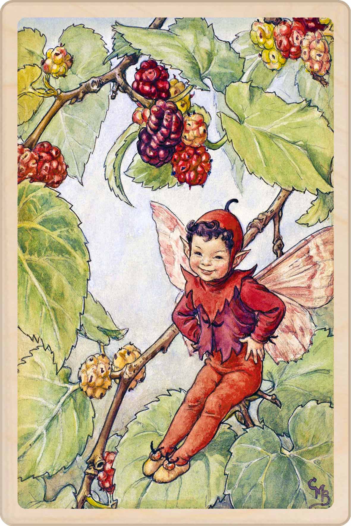 Illustration of a fairy sitting on a branch with mulberries The Mulberry Fairy - Sustainable Card - Wooden Postcard
Original Flower Fairies™ illustration by Cicely Mary Barker, printed in Suffolk on sustainable wood. Made to send, keep, or display—an eco-friendly keepsake for fairy fans, garden lovers, and collectors.