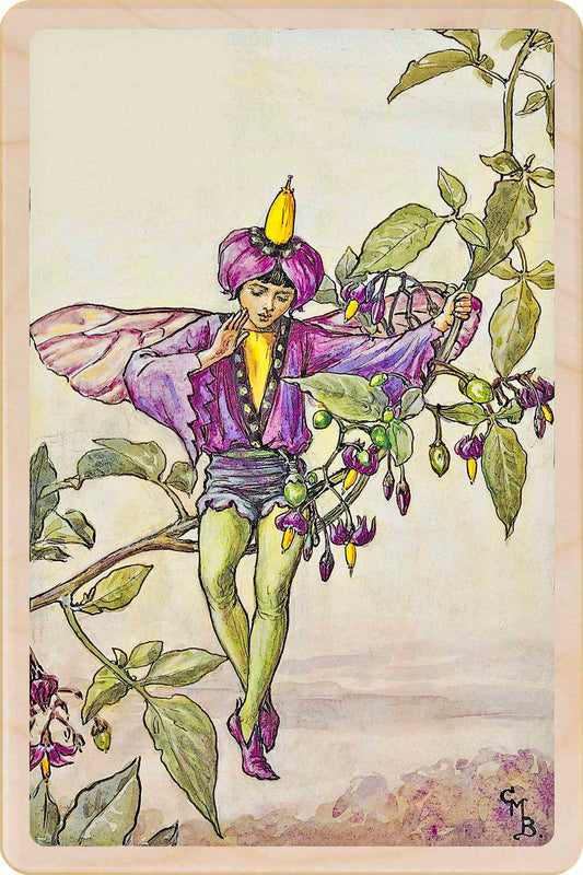 Nightshade Fairy by Cicely Mary Barker. Printed with vibrant colour and fine detail. Made to send, keep, or collect. Handmade in the UK since 2012.