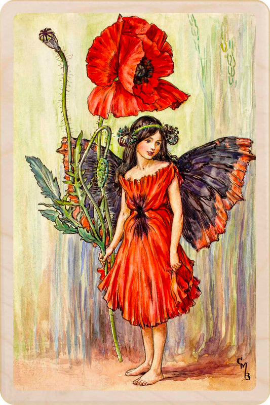 Poppy Fairy by Cicely Mary Barker. Printed with vibrant colour and fine detail. Made to send, keep, or collect. Handmade in the UK since 2012.