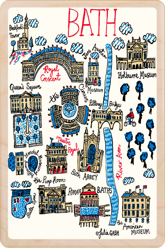 Bath wooden postcard by Julia Gash. A sustainable, mailable keepsake—perfect for gifting or collecting. Printed in Suffolk on eco-friendly wood and handmade in the UK since 2012.