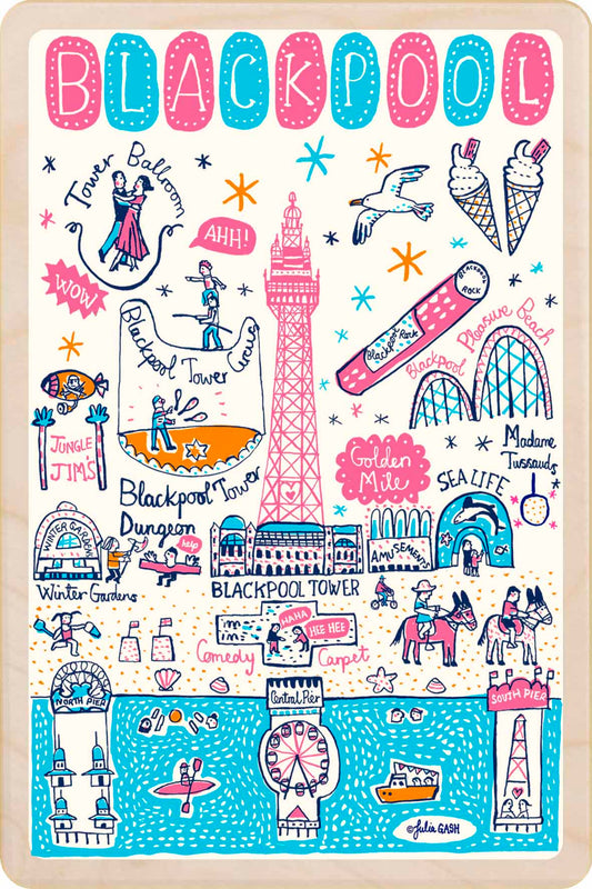 Blackpool wooden postcard by Julia Gash. A sustainable, mailable keepsake—perfect for gifting or collecting. Printed in Suffolk on eco-friendly wood and handmade in the UK since 2012.
