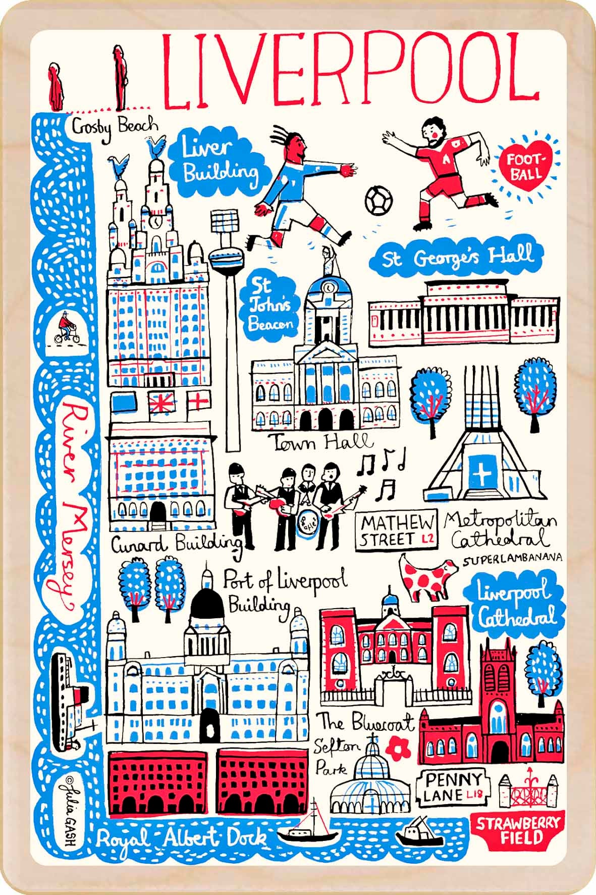 Liverpool wooden postcard by Julia Gash. A sustainable, mailable keepsake—perfect for gifting or collecting. Printed in Suffolk on eco-friendly wood and handmade in the UK since 2012.