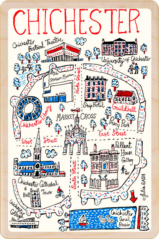 Chichester wooden postcard by Julia Gash. A sustainable, mailable keepsake—perfect for gifting or collecting. Printed in Suffolk on eco-friendly wood and handmade in the UK since 2012.