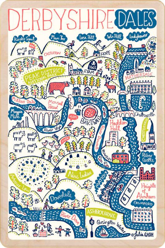 Derbyshire Dales wooden postcard by Julia Gash. A sustainable, mailable keepsake—perfect for gifting or collecting. Printed in Suffolk on eco-friendly wood and handmade in the UK since 2012.