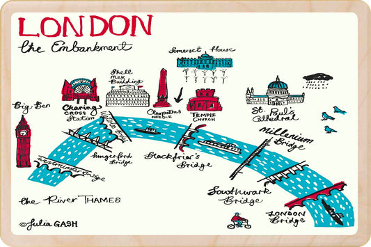London Embankment wooden postcard by Julia Gash. A sustainable, mailable keepsake—perfect for gifting or collecting. Printed in Suffolk on eco-friendly wood and handmade in the UK since 2012.