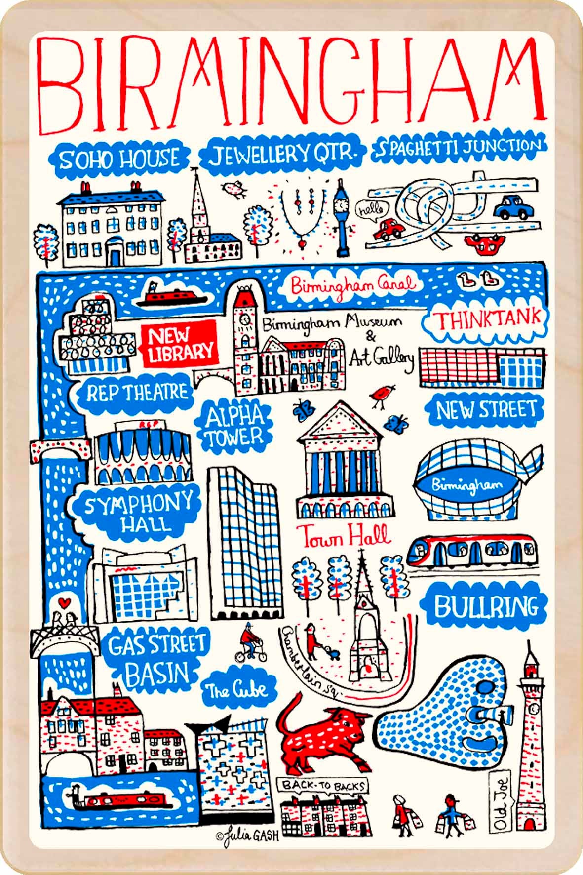 Birmingham wooden postcard by Julia Gash. A sustainable, mailable keepsake—perfect for gifting or collecting. Printed in Suffolk on eco-friendly wood and handmade in the UK since 2012.