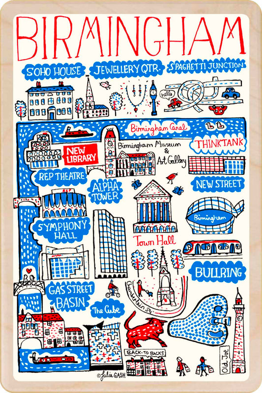 Birmingham wooden postcard by Julia Gash. A sustainable, mailable keepsake—perfect for gifting or collecting. Printed in Suffolk on eco-friendly wood and handmade in the UK since 2012.