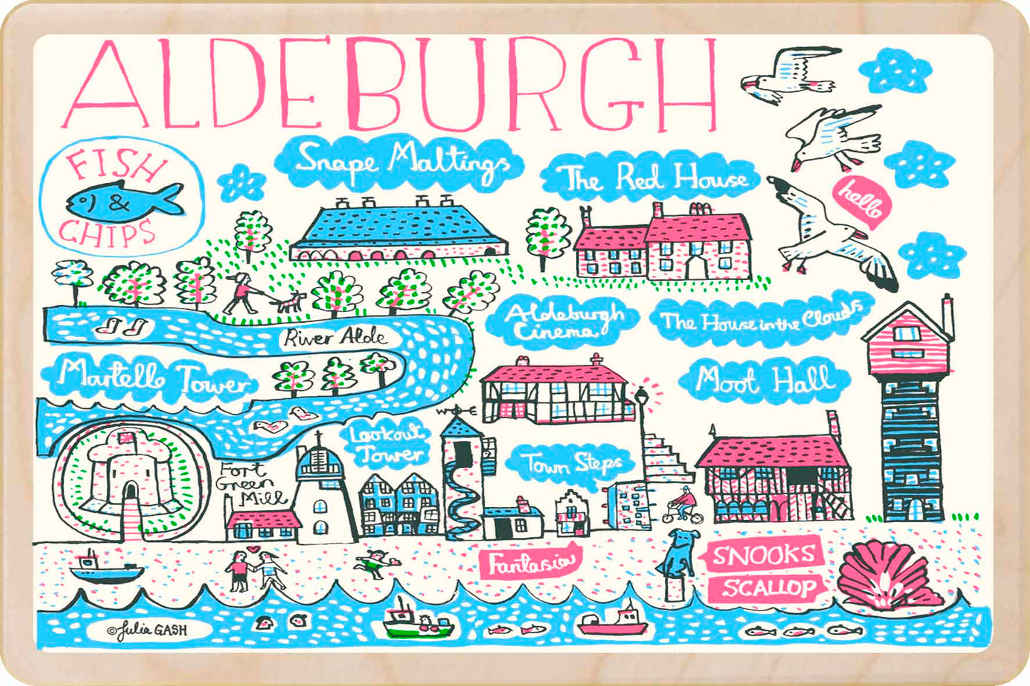 Aldeburgh wooden postcard by Julia Gash. A sustainable, mailable keepsake—perfect for gifting or collecting. Printed in Suffolk on eco-friendly wood and handmade in the UK since 2012.