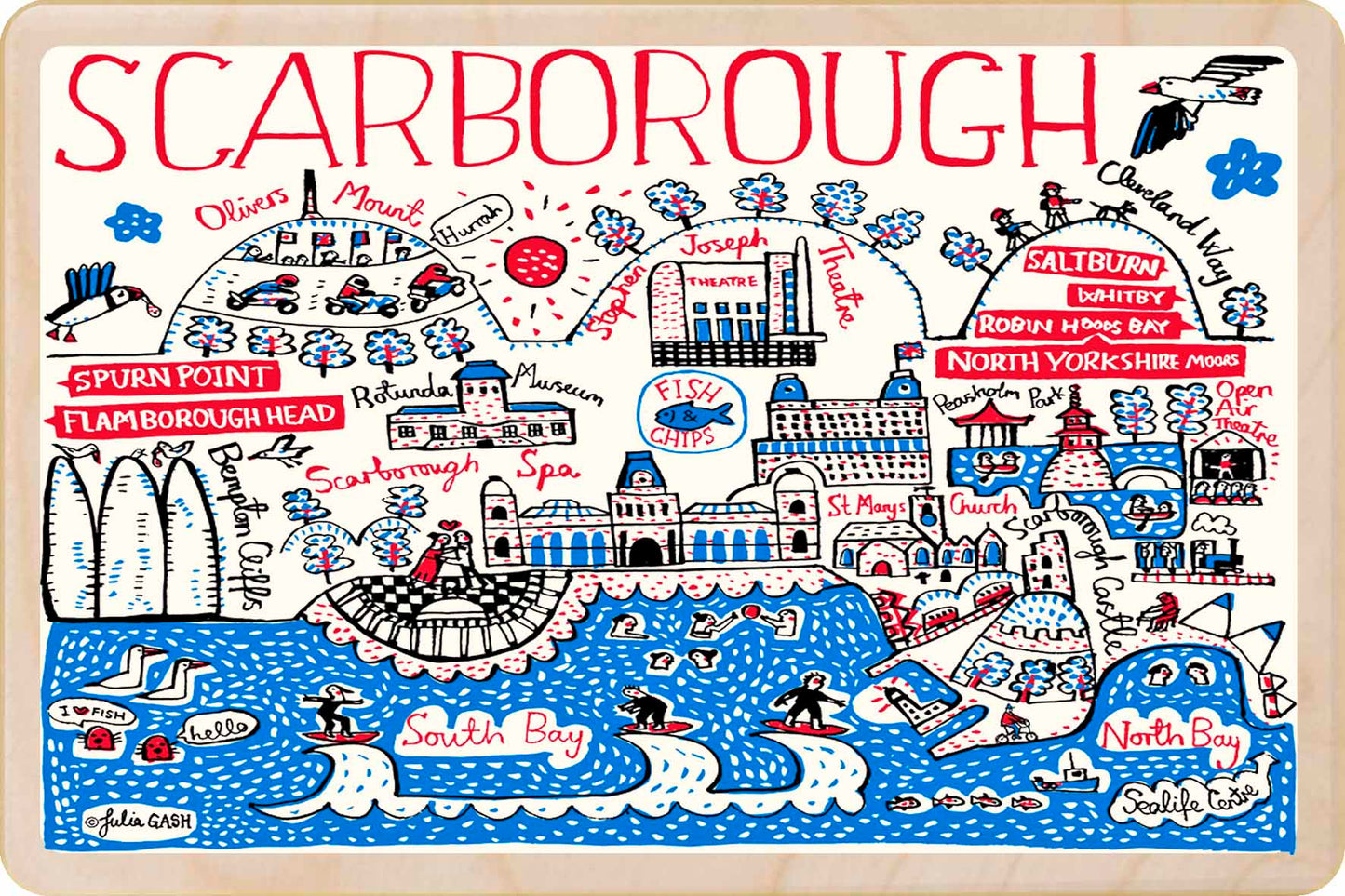 Scarborough wooden postcard by Julia Gash. A sustainable, mailable keepsake—perfect for gifting or collecting. Printed in Suffolk on eco-friendly wood and handmade in the UK since 2012.
