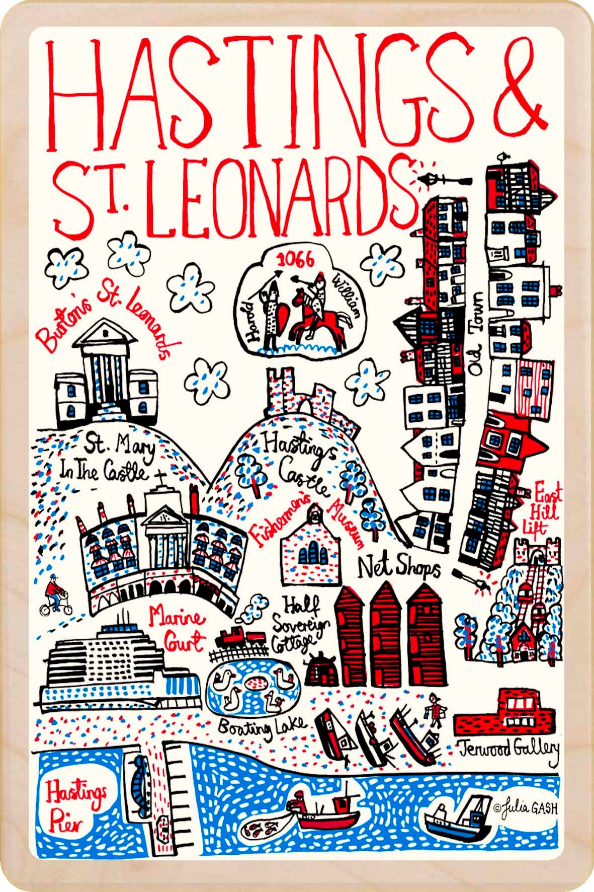 Hastings & St Leonards wooden postcard by Julia Gash. A sustainable, mailable keepsake—perfect for gifting or collecting. Printed in Suffolk on eco-friendly wood and handmade in the UK since 2012.